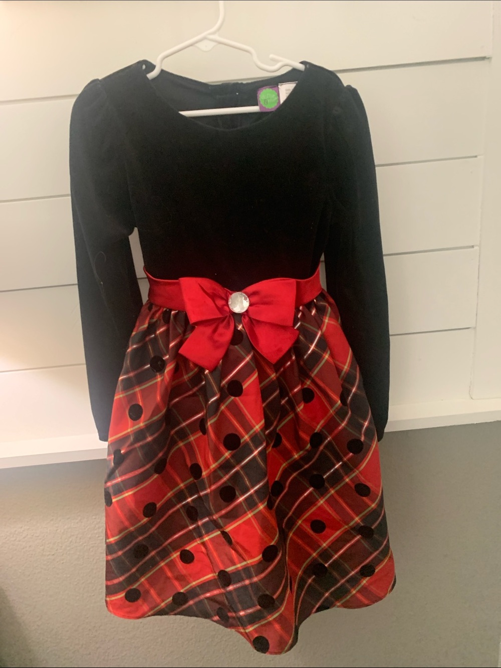 Adorable Dollie & Me Girls Black Dress with a plaid skirt w/polka dots & Bow